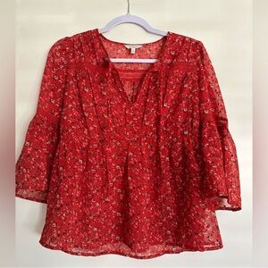Lucky Brand Red Floral Boho Peasant Blouse Women’s Small | Romantic Festival